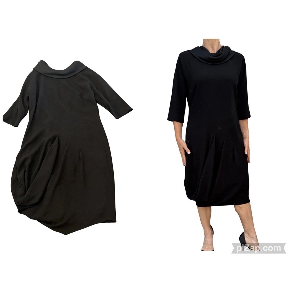 Rickie Freeman Teri Jon Black Cocktail Dress 12  Cowl Neck 3/4 Sleeve Shift Midi